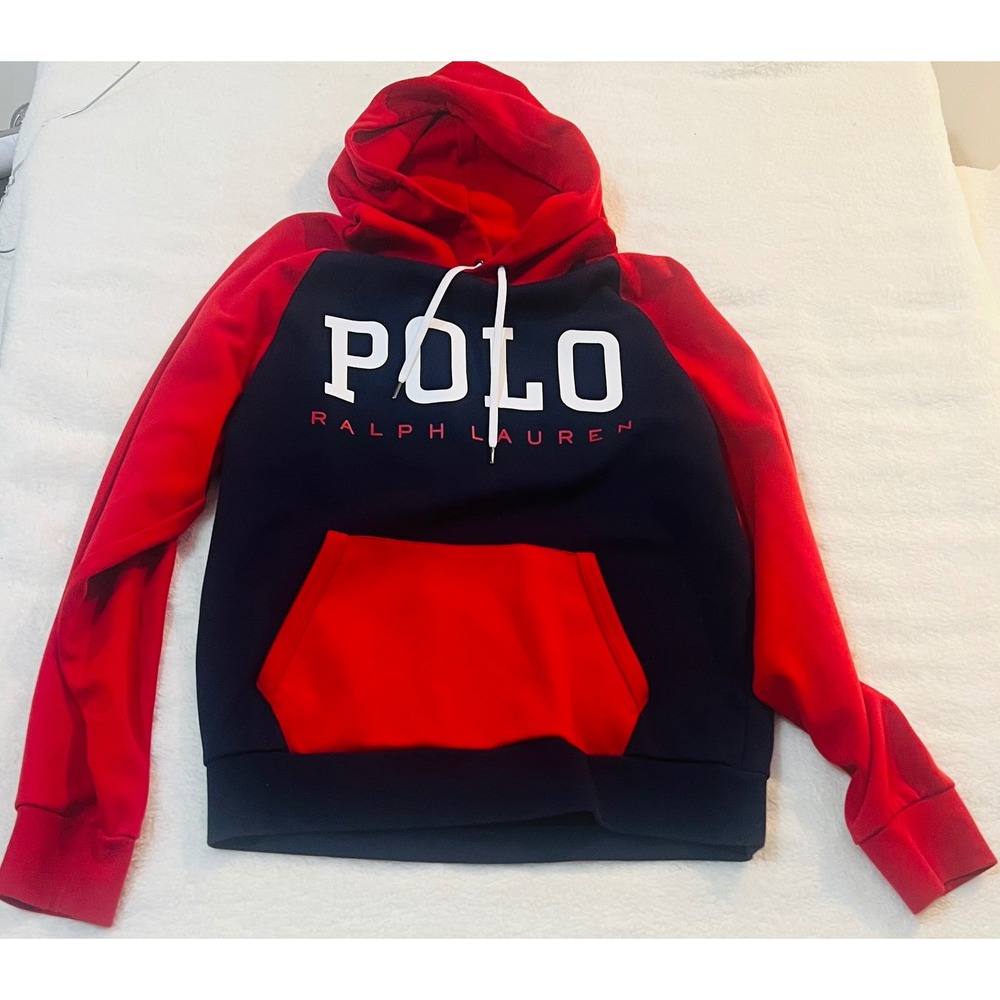 Polo Ralph Lauren Mens Colorblock Hoodie Navy Red Logo Sweatshirt Medium